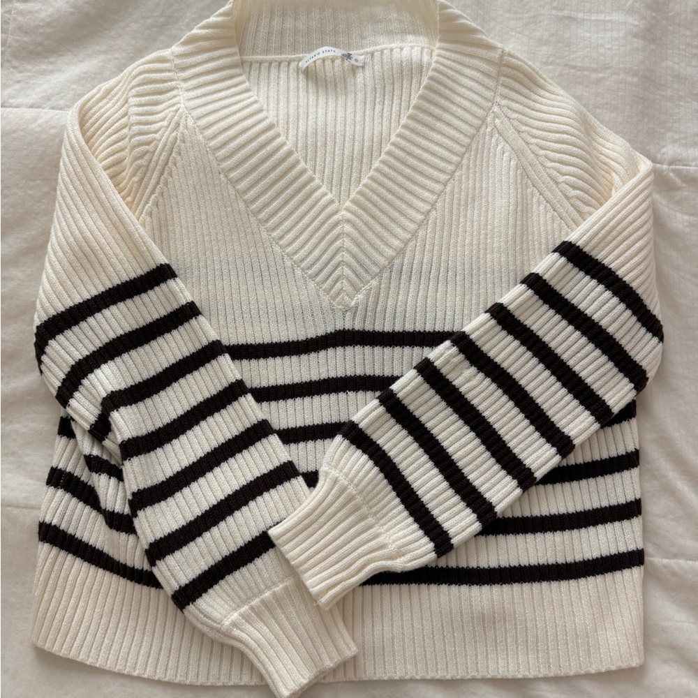 Altar'd State Cream V-Neck Sweater with Black Stripes